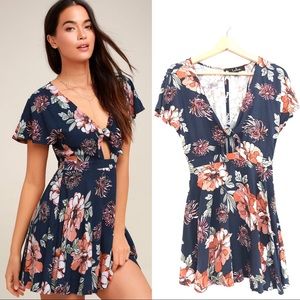 Lulu's Navy Blue Floral Print Tie Front Dress Sz S